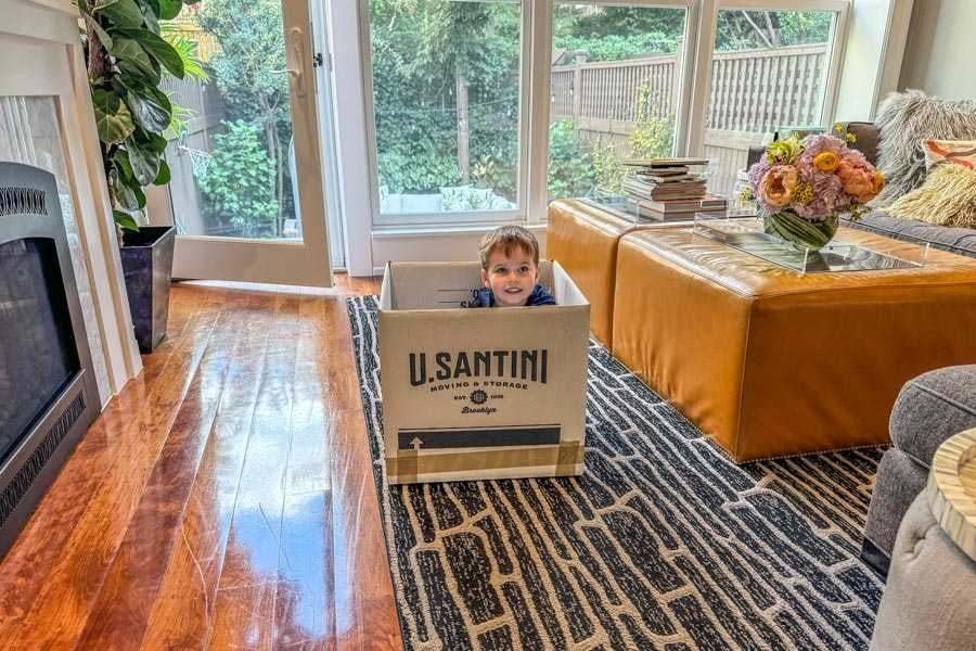 A young boy sits inside a cardboard box in a living room in New York City 
